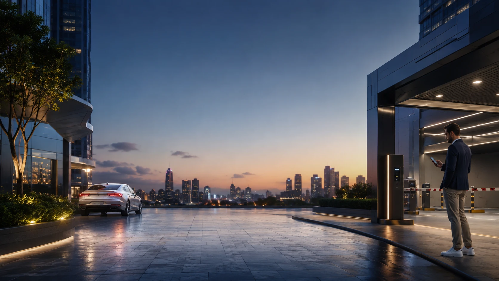 Modern urban parking and mobility environment at blue hour
